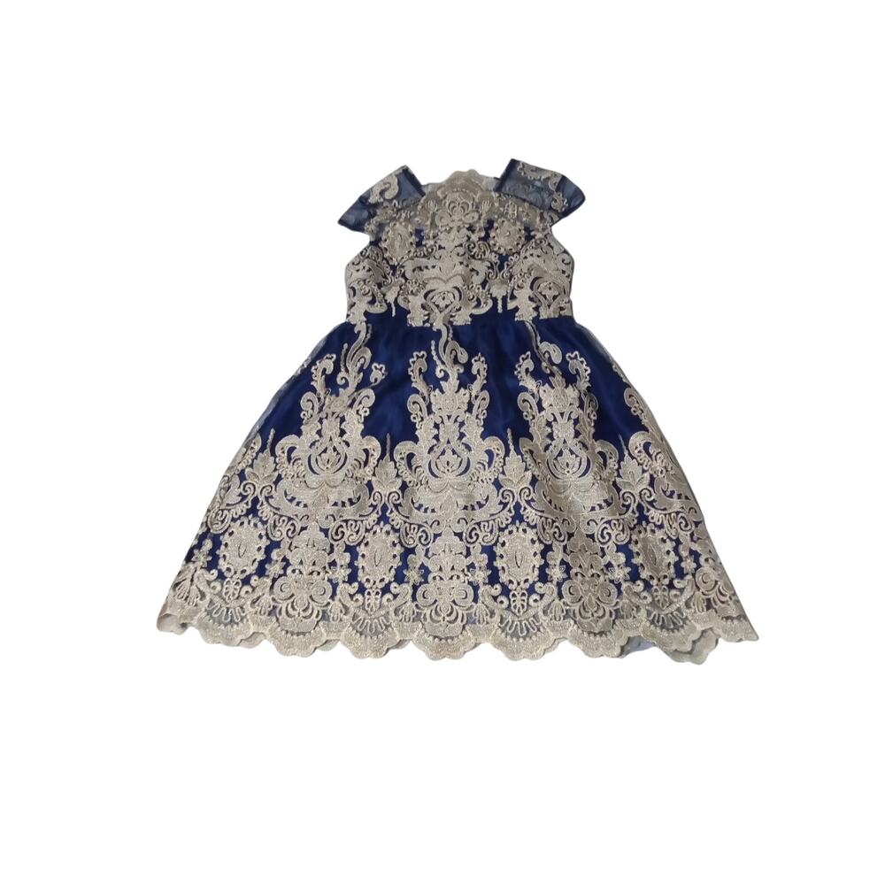 Women's Blue Lace Metallic Gold Embroidered Formal Cocktail Dinner Party Dress - Picture 5 of 13